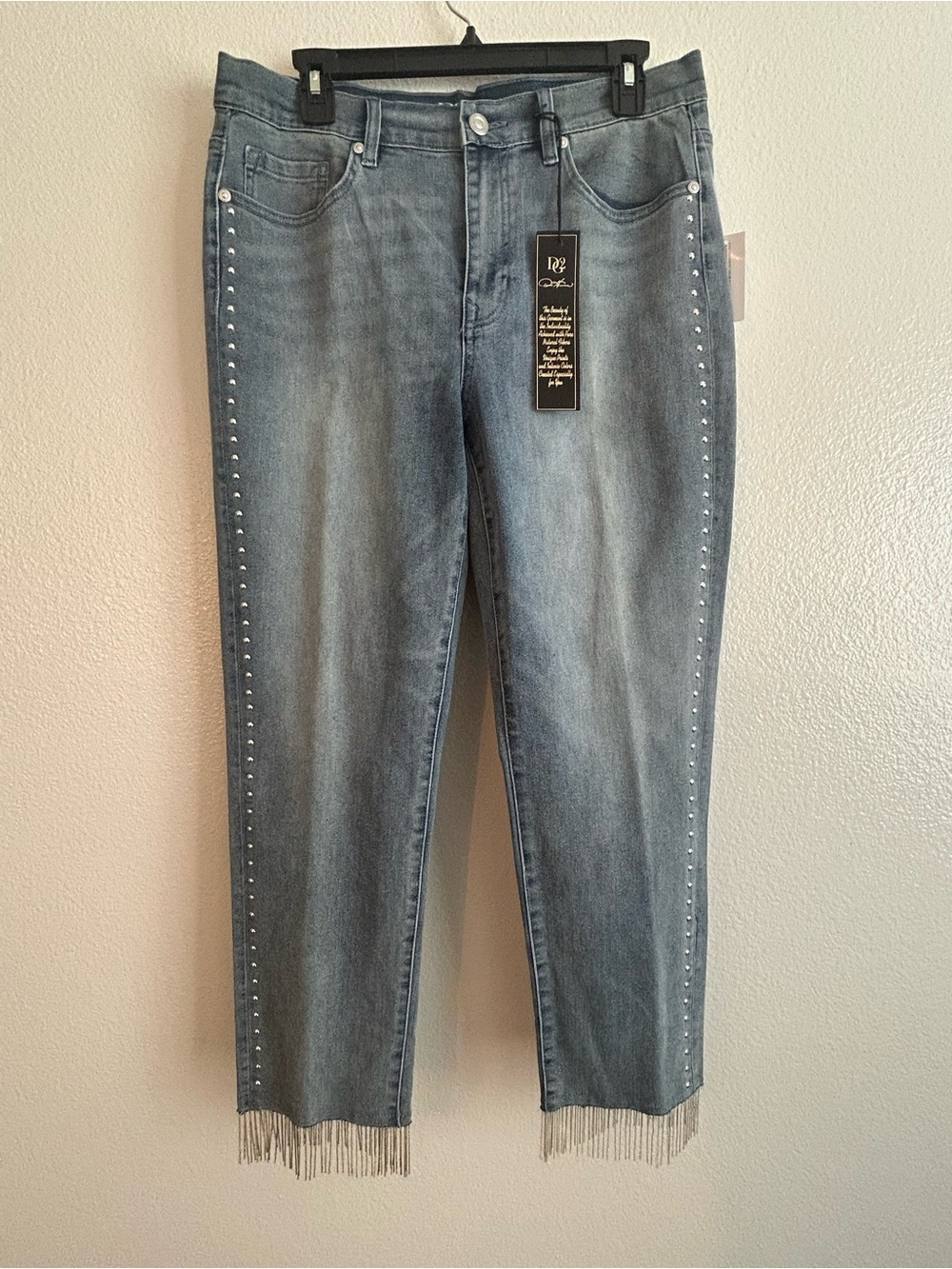 DG2 by Diane Gilman Light Blue Studded Straight-Leg Jeans with Fringe